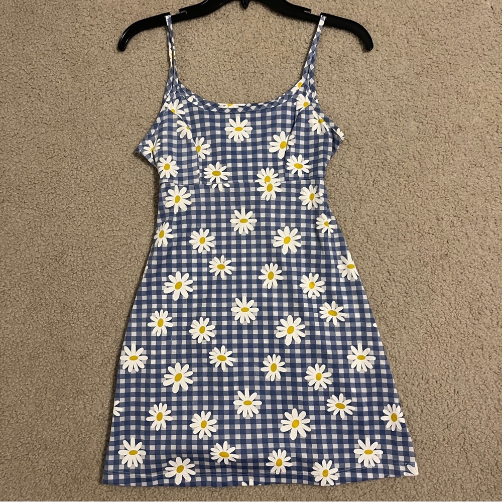 Vintage 90s mini summer dress blue sunflower gingham by Timing